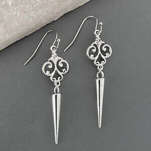 NEW, dangle EARRINGS, antiqued silver plated metal filigree spike, edgy romantic